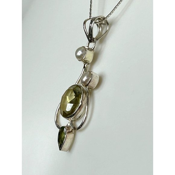 Women’s Pendant Necklace Italy Peridot Pearl S925 Sterling Silver 18” Vintage - Picture 11 of 17